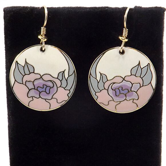 Laurel Burch "Garden Rose" Earrings, Cloisonné Gold Plated, 1980s - Picture 2 of 10
